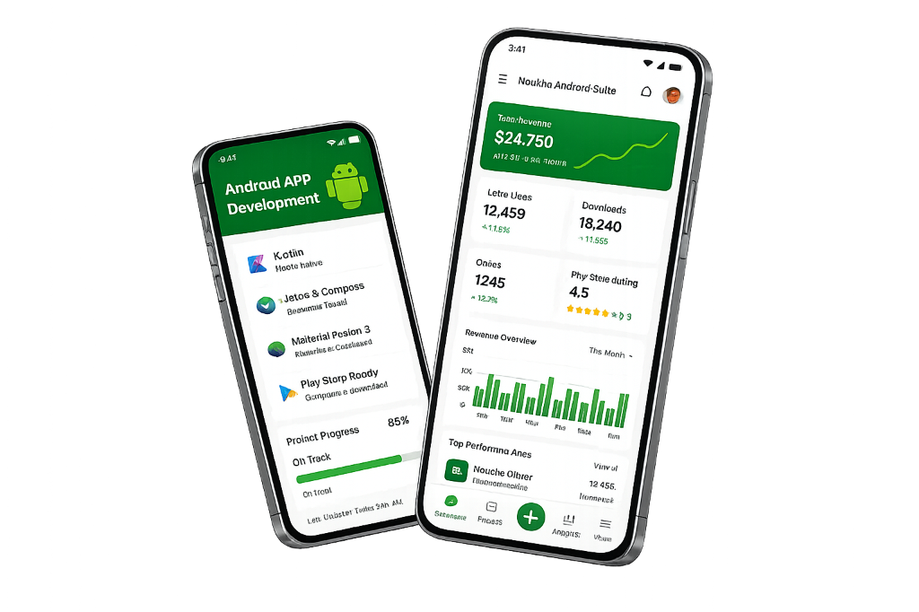 Enterprise Android app development showcasing a native Kotlin application with business analytics dashboard — built by Noukha Technologies for US businesses