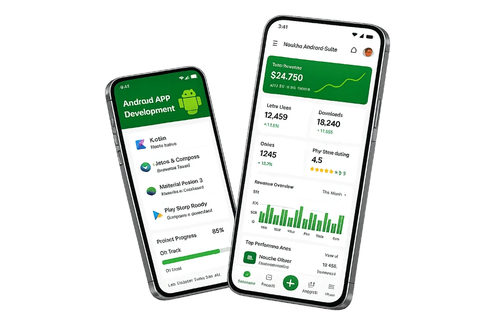 Enterprise Android app development showcasing a native Kotlin application with business analytics dashboard — built by Noukha Technologies for Canadian businesses